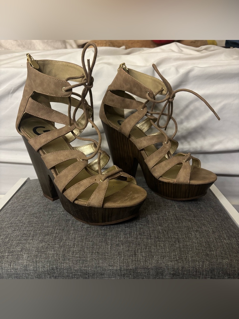 Guess Taupe Open-Toe Lace-Up Platform Sandals